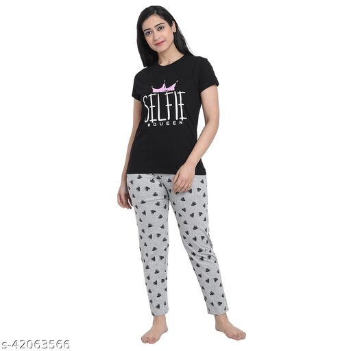 Womens Cotton Printed Top and Pyjama/Night Suit Set (Pack of 1)