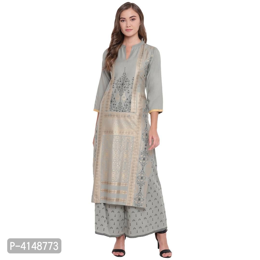 Women's Beautiful Grey Rayon Foil Printed Stylish Straight Fit Kurta And Palazzo Set