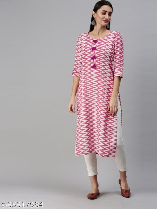 Shewill Pink Geometric Ikat Printed Roll Up Sleeve Cotton Straight Kurta
