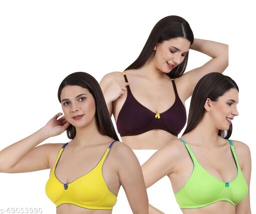 Evaara women girls ladies combo bra t-shirt moulded seamless non padded non wired contrast bra in Lemon/yellow, parrot green, Red Wine color (Pack of 3)