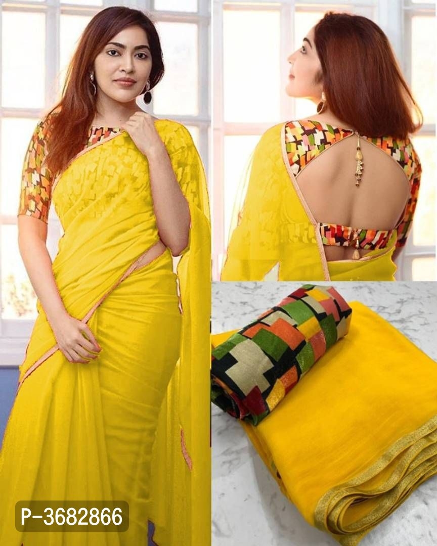 Georgette Golden Patti Saree With Printed Blouse