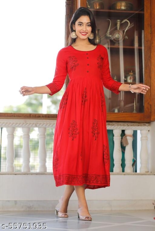Women Red & Black Block Print Detail Anarkali Kurti