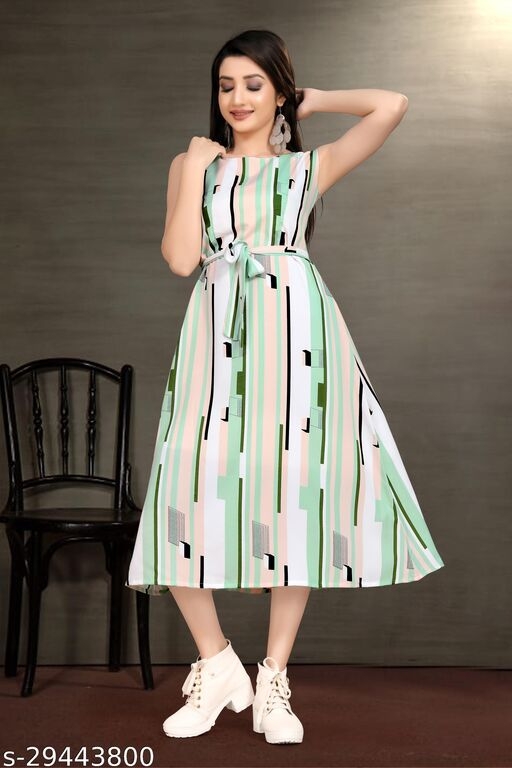 Women Trendy Flared Sleeveless Multicoloured Maxi Dress With Waist Belt