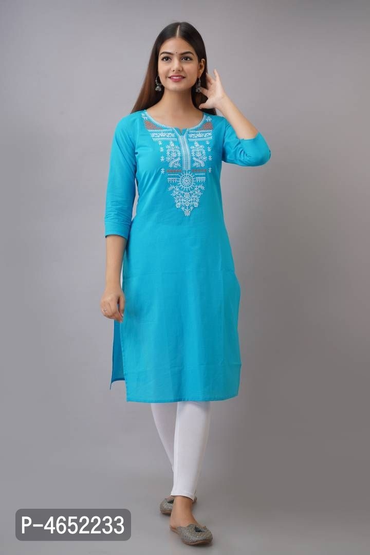 Women's printed straight Blue Cotton Kurti