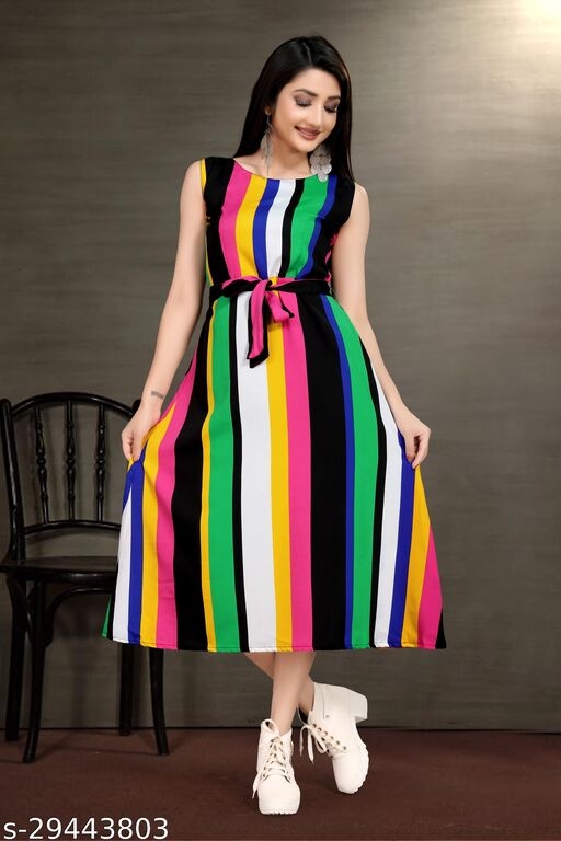 Women Trendy Flared Sleeveless Multicoloured Maxi Dress With Waist Belt