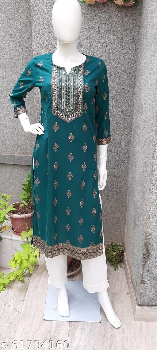 GREEN RAYON FOIL PRINTED STRAIGHT KURTI WITH MIRROR WORK ON NECK