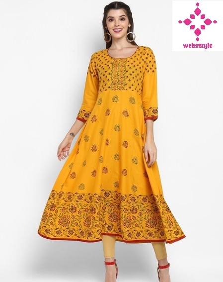 Pretty Solid Gold Printed Cotton Festive Kurti