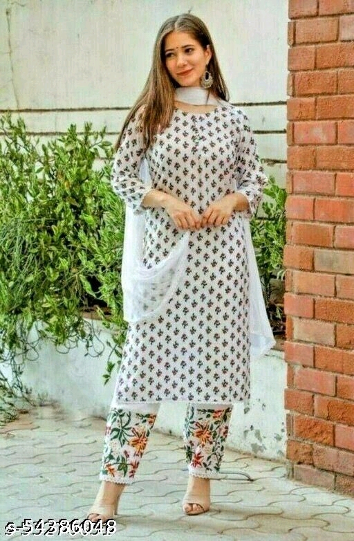GoSriki White Cotton Blend Floral print Kurta Bottom with dupatta (JAANVI-WHITE)