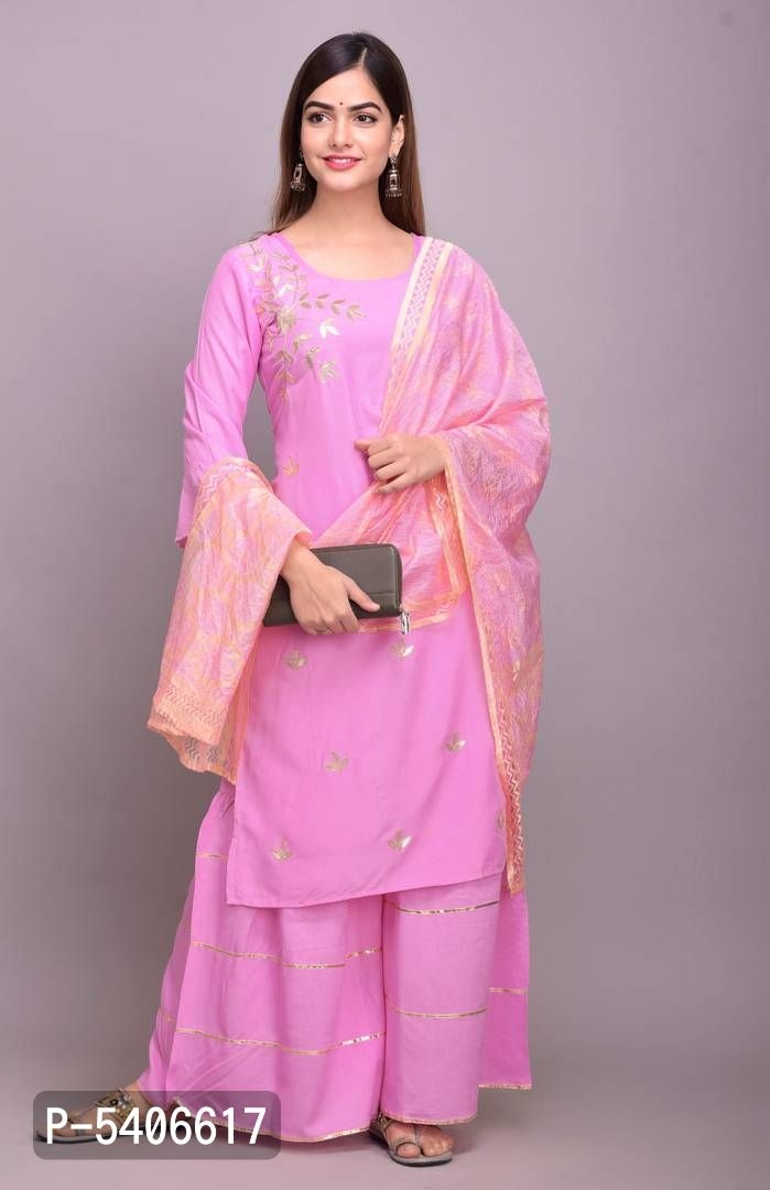 Women Rayon Gotta Work Pink Kurta Sharara With Dupatta Set