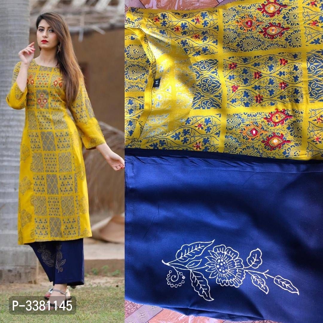 Embellished Rayon Yellow Kurti Plazzo Set