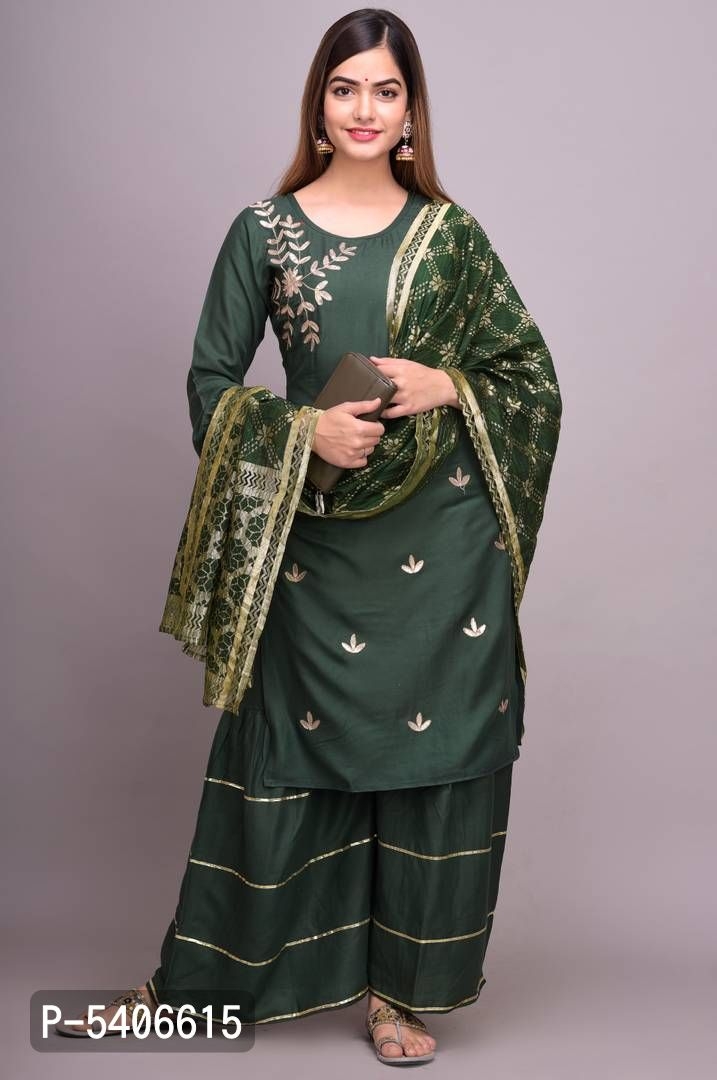 Women Rayon Gotta Work Bottle Green Kurta Sharara With Dupatta Set