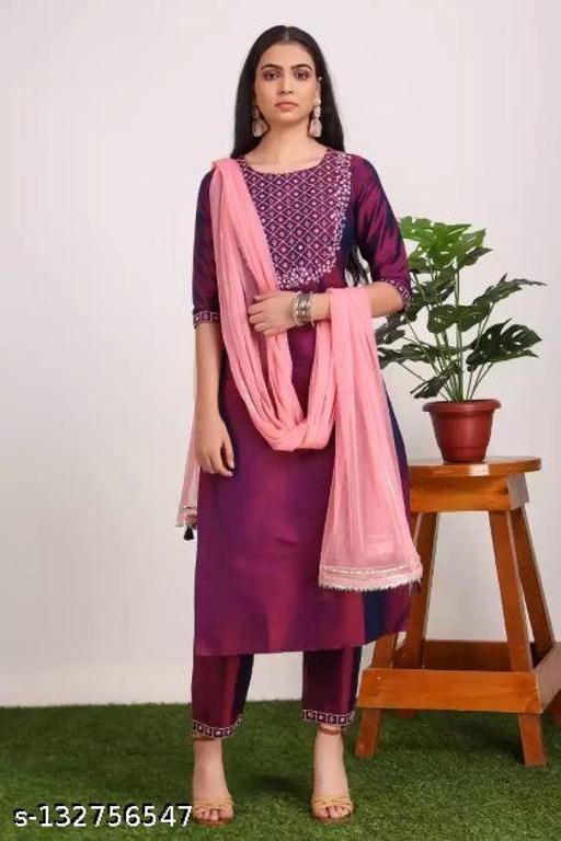 ETHANICSIDE Women's Art Silk Embroidered Straight Kurta With Pant and Dupatta Set (Wine)