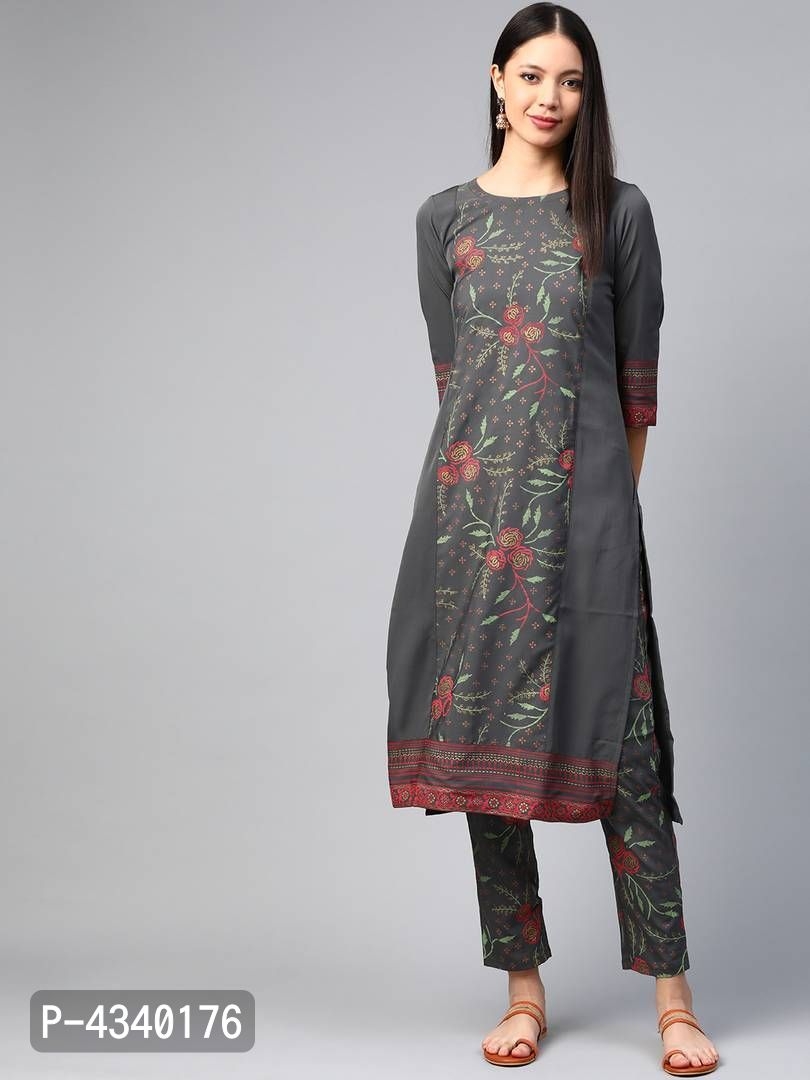 Elite Grey Printed Crepe Straight Women Kurta