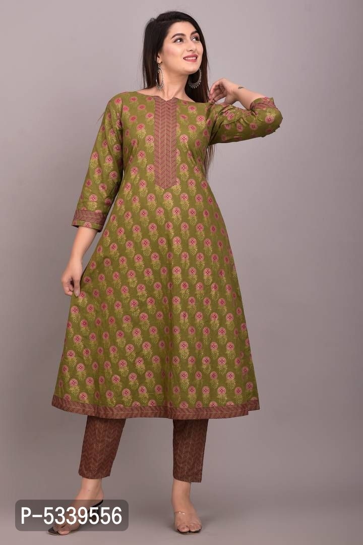 Cotton Floral Print A Line Kurta With Pant Set Girls/Ladies/Womens (Green)