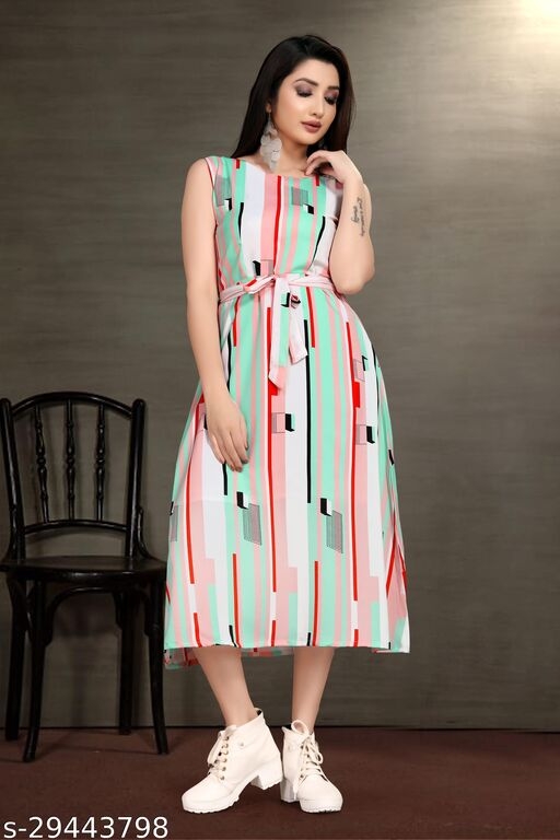 Women Trendy Flared Sleeveless Multicoloured Maxi Dress With Waist Belt