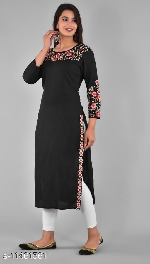 Women's Black Embroidered Rayon Kurti
