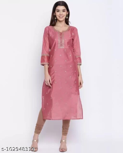 RARE THREAD Women's Chanderi Silk Pink A-line Botanical Embroidered kurti