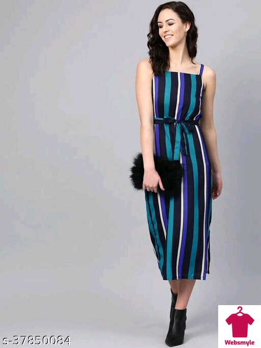 Women Blue Striped A-Line Dress With Belt