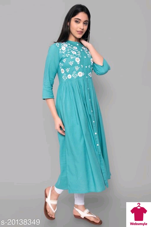 Women Regular Flared  Calf Length Embroidered Rayon Kurtis