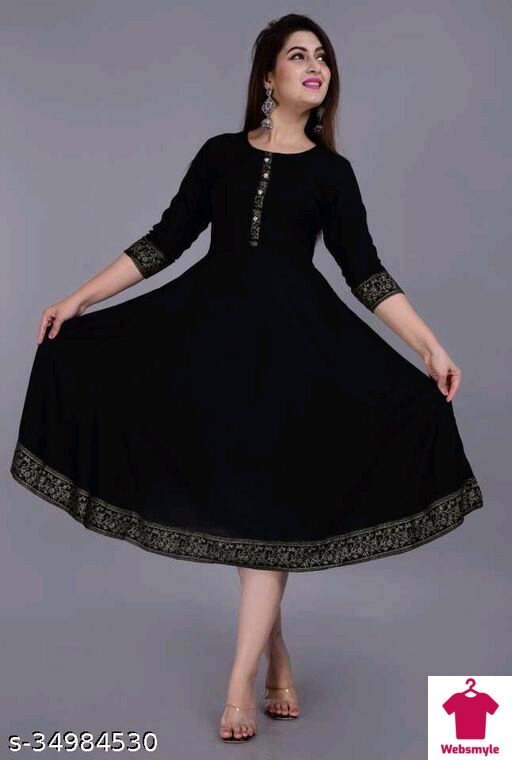 Women Solid Rayon Flared Kurta  (Black)