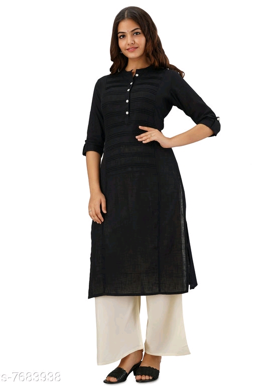 Women's Solid Black Cotton Slub Kurti