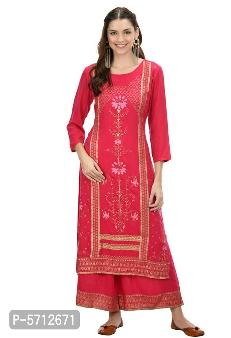  Stylish Pink Rayon Printed Kurta With Palazzo Set