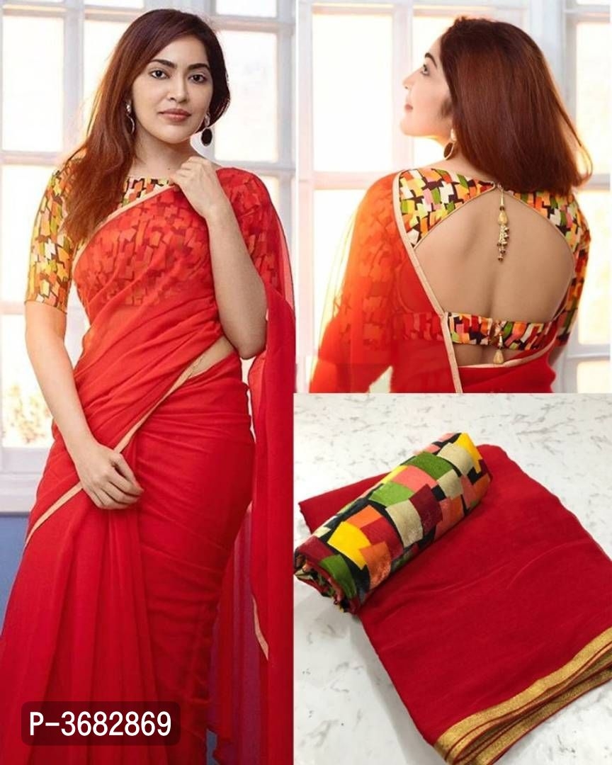 Beautiful Georgette Golden Patti Saree With Printed Blouse piece