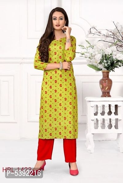 Womern's Printed Straight Green Rayon Kurtas