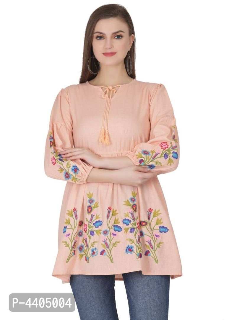 Elegant Rayon Peach Embroidered Top For Women