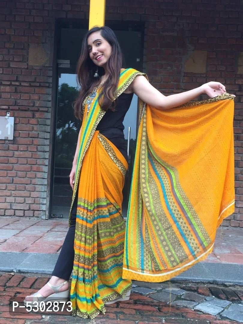 Yellow Striped Daily Wear Printed Georgette Saree with Blouse Piece