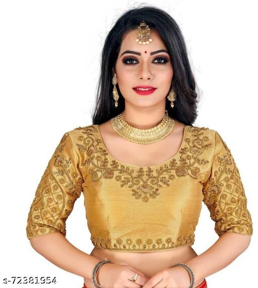 Silk Skin Colour Botanical Aari Work & Embroidered Round Neck Flared Readymede Stiched Women Blouses (Cream/Gold/Skin)