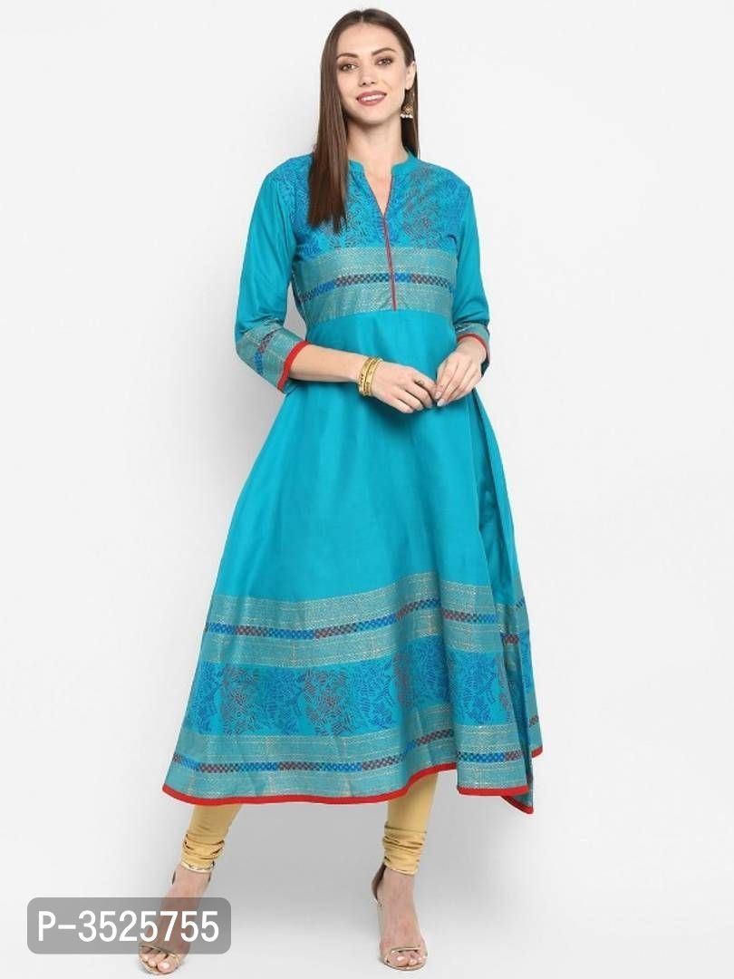 Elegant Turquoise Cotton Block Printed Anarkali Kurta