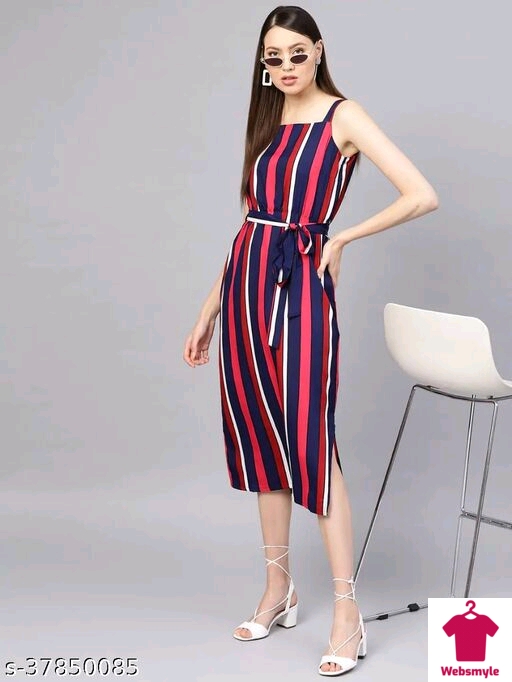 Women Navy Blue & Red Striped A-Line Dress With Belt