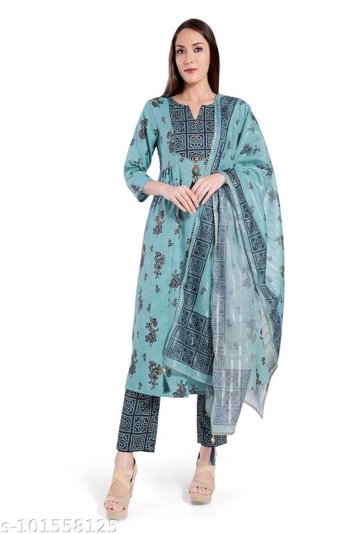 Madhuram Women Foil Printed Cotton Kurta With Bandhani Printed Cotton Pant And Digital Printed Chanderi Dupatta (Blue)