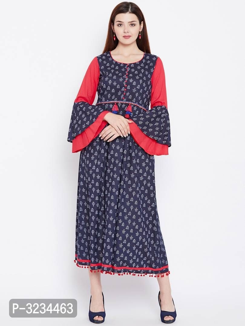 Reliable Blue Printed Cotton A-Line Women's Kurti